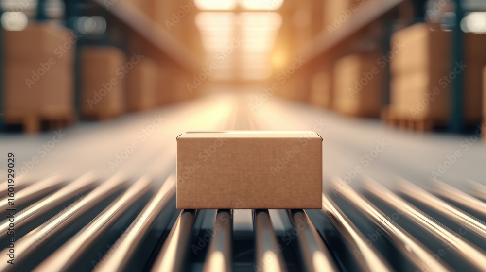 Poster logistic automated conveyor belts sorting packages in a smart warehouse.