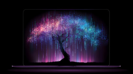 tree growing from a keyboard, its branches made of code and data streams