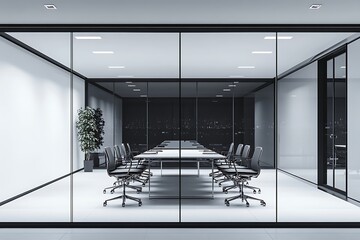 Modern office conference room interior with glass walls and city view at night, workspace design