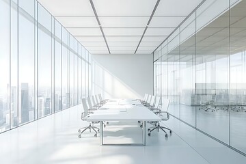 Bright modern office conference room with city view and large windows, perfect for meetings