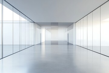Modern architecture corridor with glass walls and concrete floor, spacious and bright
