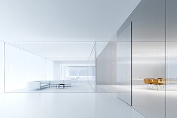 Minimalist modern interior design with glass partition and white decor for contemporary living