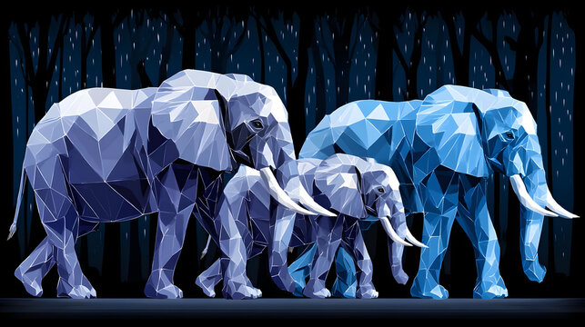 with polygon trees and neon animals in a rainstorm of light particles