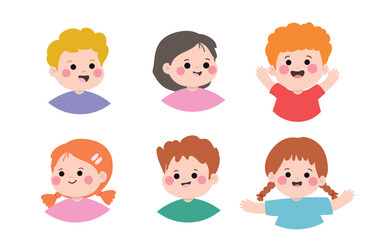 Kids characters vector set. Back to school kindergarten, girls, boys, children with different poses, happy, smile. Happy international children's day illustration for education, school supplies.