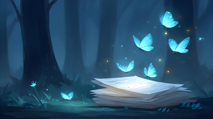 emerging from a glowing tablet in a dark forest surrounded by neon plants