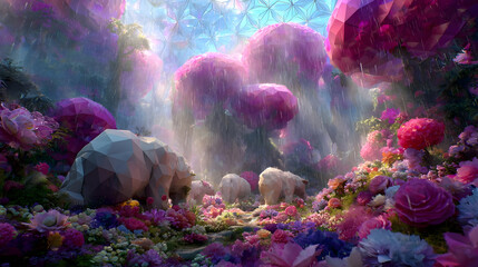 with polygon trees and neon animals in a rainstorm of light particles