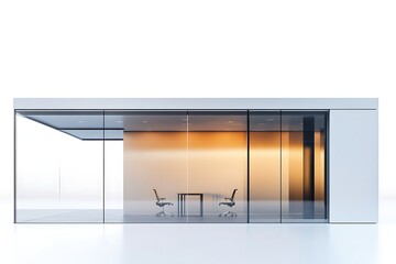 Modern office interior with glass walls, table and chairs for meetings, workspace design