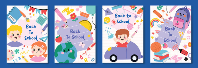 Back to school vector poster. Study Background design with children and education school supplies element. Kids hand drawn flat design for poster , wallpaper, website and cover template.