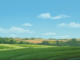 Fototapeta premium Green rolling hills under a bright blue sky with clouds