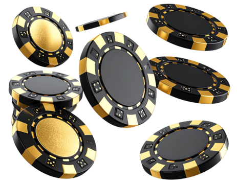 Scattered and Stacked Black-Gold Poker Chips with Reflection, Angled View