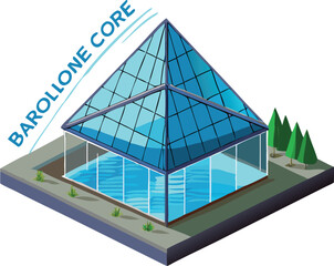 Modern geometric glass pyramid over swimming pool
