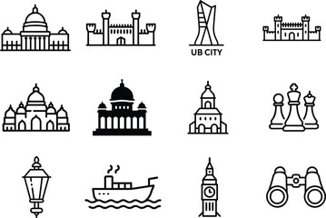 Collection of iconic landmark icons and travel symbols