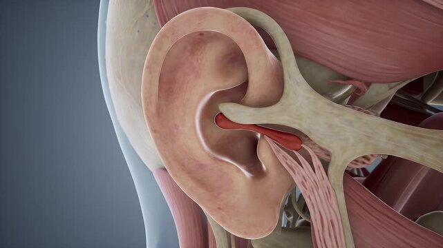 Detailed 3D Animation: Exploring the Human Ear's Anatomy and Inner Structures, Musculature, and Eustachian Tube.