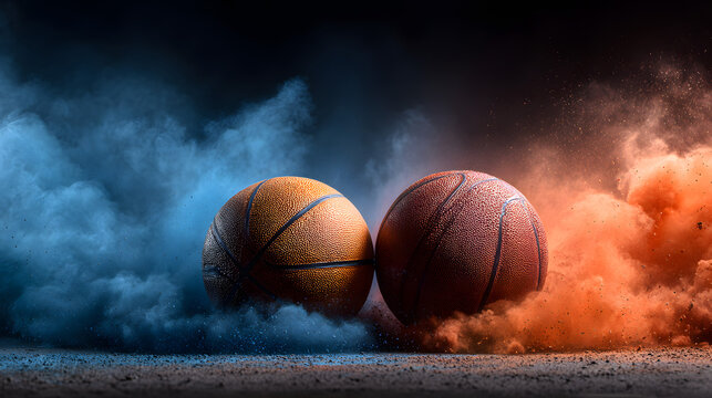 Basketballs in smoke background sports concept orange and blue basketball art wallpaper design image