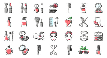 Colorful Makeup and Beauty Tools Illustration with Faces and Accessories