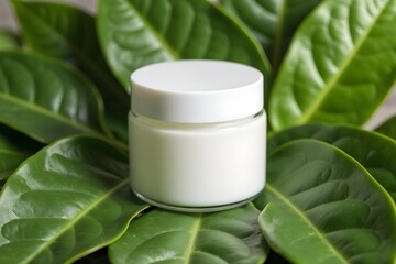 White cream bottle placed, Blank label package for mock up on a green foliage background. The concept of natural beauty products. 3d rendering.