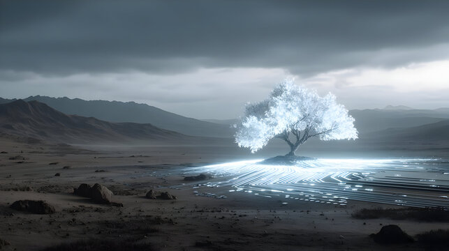 growing from a motherboard root system in a field of glowing code