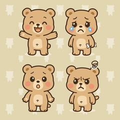 Adorable cartoon teddy bear character expressing happy, sad, surprised, and angry emotions on a seamless beige background.