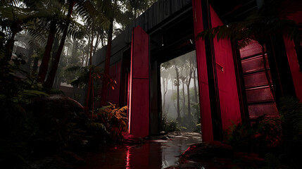 a digital forest opening to alternate dimensions filled with light and geometry