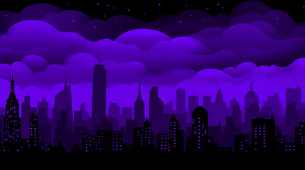 skyline with glowing buildings and digital clouds under a purple night sky