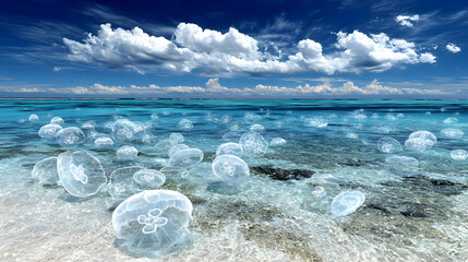 with glowing AI-designed jellyfish floating above reflective crystal-clear water