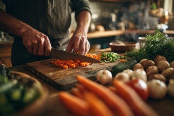 Morning kitchen prep with vegetable cutting hands