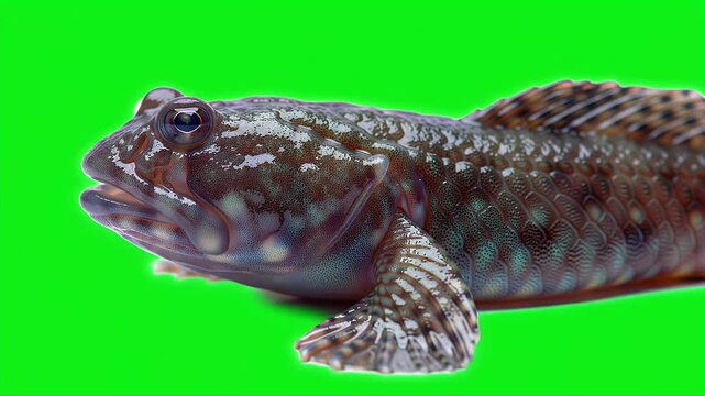 Detailed Close-Up of a Mottled Goby Fish or Mudskipper, Isolated on a Vibrant Green Chroma Key Background, Perfect for Compositing and Design Projects