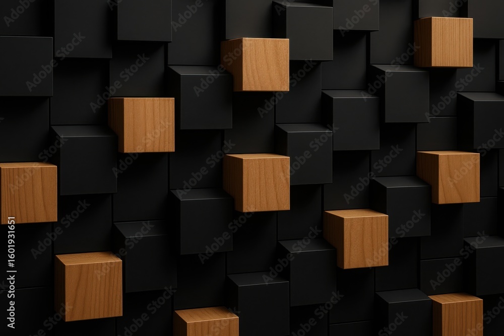 Aufkleber abstract 3d geometric pattern featuring alternating black and wood textured cubes with varying depth