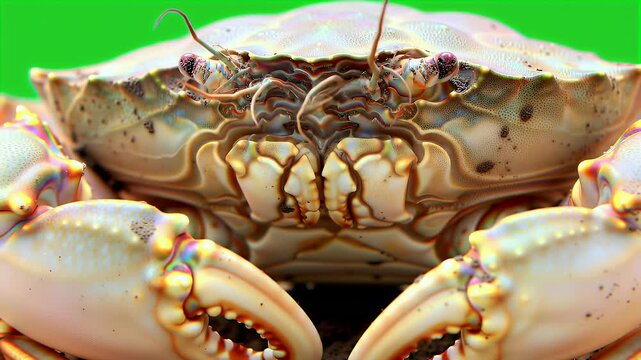 Detailed Close-Up of a Light-Colored Marine Crab with Prominent Claws Against a Vibrant Green Background, Showcasing Intricate Shell Texture and Eyes