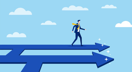 Confident Businessman Walking Forward on Interconnected Blue Arrows Toward Opportunity – Flat Vector Pathway Illustration