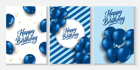 Happy Birthday cards with balloons and blue strips. Template for postcard, poster, flyer, banner,  anniversary horizontal banner with flying helium balloons and confetti ribbons.and copy space.