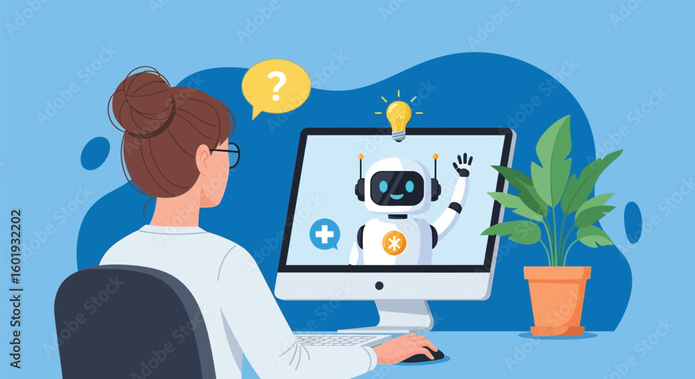 Aufkleber woman using ai chatbot on computer for customer support and assistance service in business setting