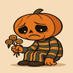 Cartoon pumpkin-headed boy with cracked face, sad eyes, slouched pose, holding wilted candy bouquet in spooky-cute style.