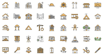 Collection of Construction and Building Icons in Black, White, and Orange Colors