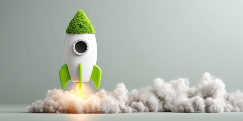 Eco Startup concept A whimsical rocket taking off with a green, leafy top, surrounded by a cloud of smoke.