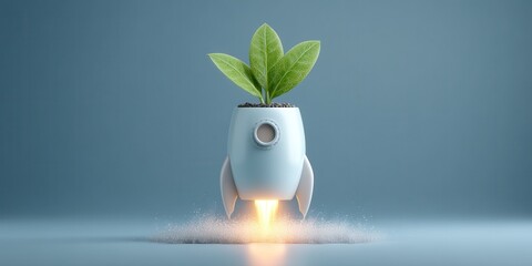 Eco Startup concept A rocket-shaped planter with a green plant is launching, symbolizing growth and innovation.
