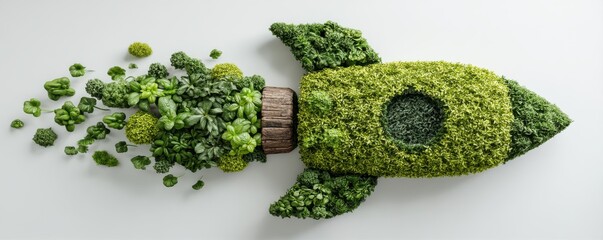Eco Startup concept Rocket made of greenery with a plant-based trail, symbolizing growth and innovation.