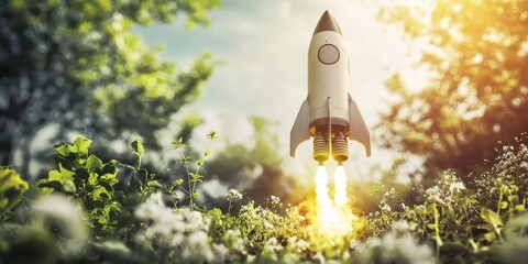 Eco Startup concept A rocket launches amidst vibrant greenery, symbolizing exploration and innovation.