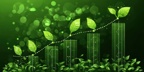 Eco Startup concept Green-themed graphic illustrating growth with leaves emerging from bar graphs and bubbles.