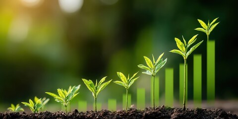 Eco Startup concept Growing plants symbolize progress and sustainability, depicted alongside increasing bar charts.