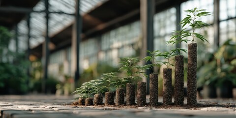 Eco Startup concept Growing plants displayed as a bar graph, symbolizing progress and sustainability in a greenhouse setting.
