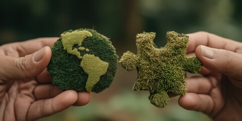 Eco Startup concept Two hands hold earth-themed shapes, symbolizing connection and nature's importance.