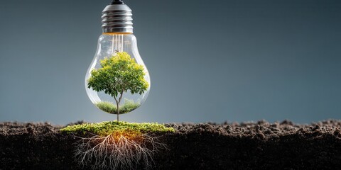 Eco Startup concept A lightbulb contains a tree, symbolizing growth and sustainability in a creative design.