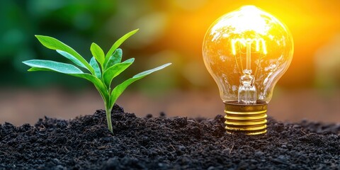 Eco Startup concept A light bulb next to a green seedling symbolizes innovation and growth in nature.
