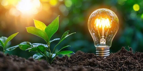 Eco Startup concept Light bulb emerging from soil beside a green plant, symbolizing growth and innovation in nature.