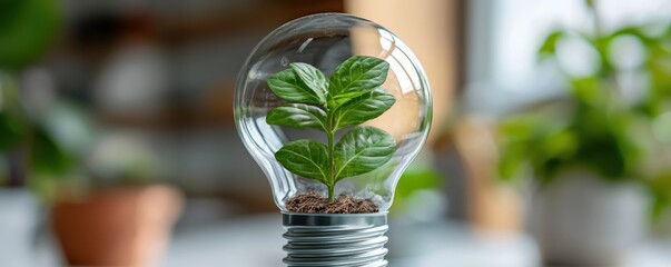 Eco Startup concept A light bulb encasing a small plant symbolizes sustainability and eco-friendliness.