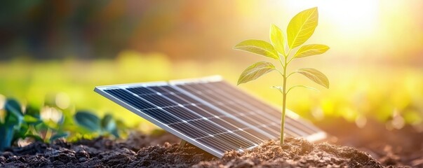 Eco Startup concept A young plant growing beside a solar panel in a sunlit environment.