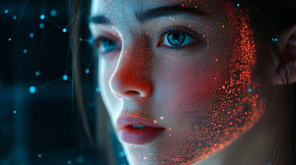 3D human face mesh with code overlays and scanning grids