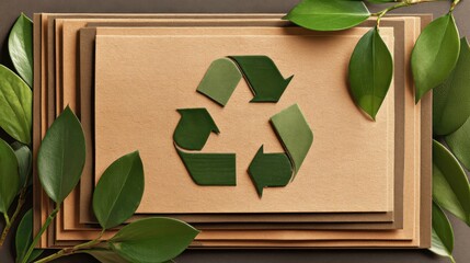 Eco Startup concept Recycling symbol surrounded by green leaves on textured brown background, promoting sustainability.