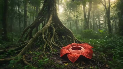 Rainforest floor Rafflesia flower blooms by tree roots in misty sunlit jungle - Powered by Adobe